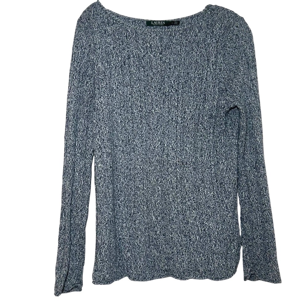 Lauren Ralph Lauren Blue White Marled Cable Knit Cotton Sweater Large L cozy